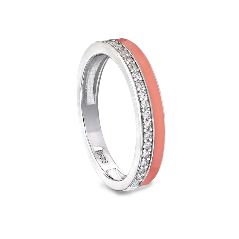 Silver Coral Enamel Cubic Zirconia Bangle Ring