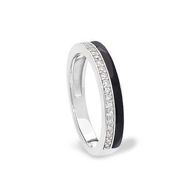 Silver Black Enamel Cubic Zirconia Bangle Ring