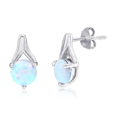 Silver Round Created White Opal Earrings
