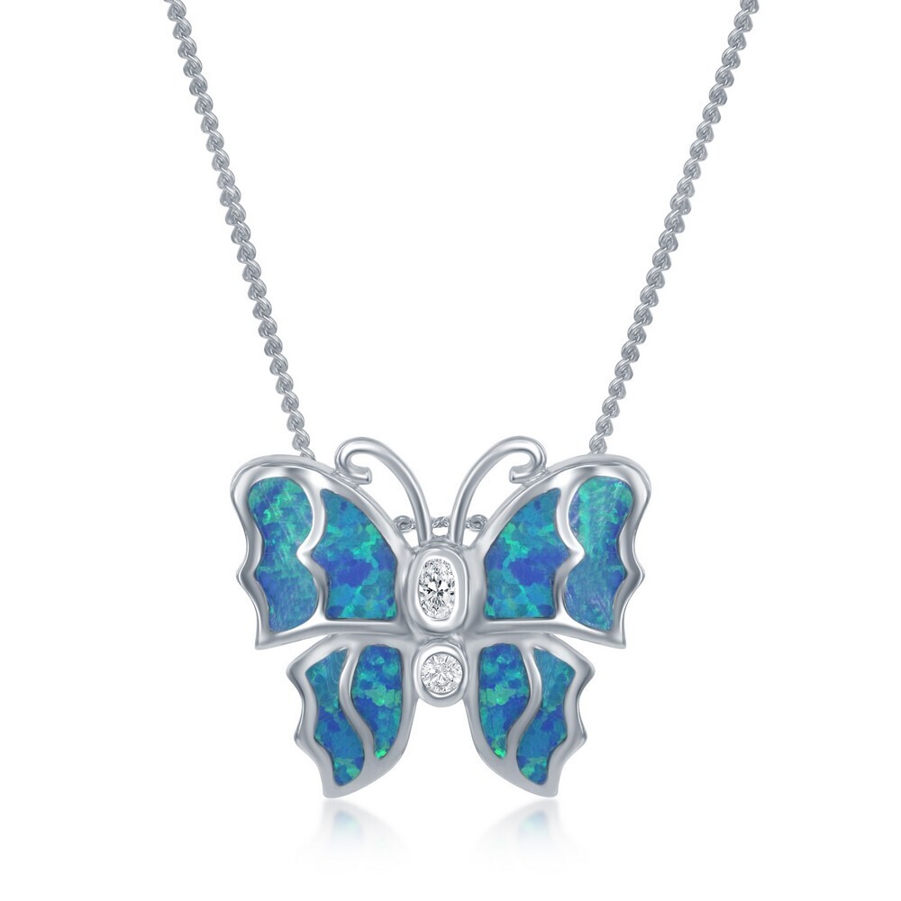 Silver Created Blue Opal with Cubic Zirconia Accents Butterfly Necklace