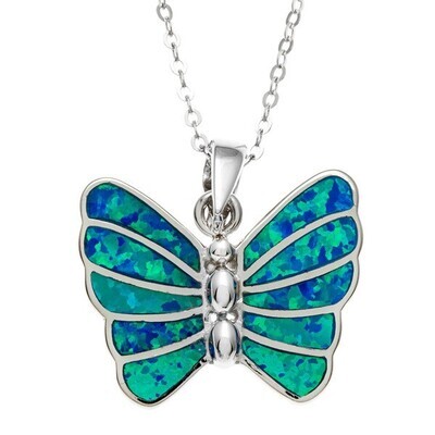 Silver Created Blue Opal Butterfly Necklace
