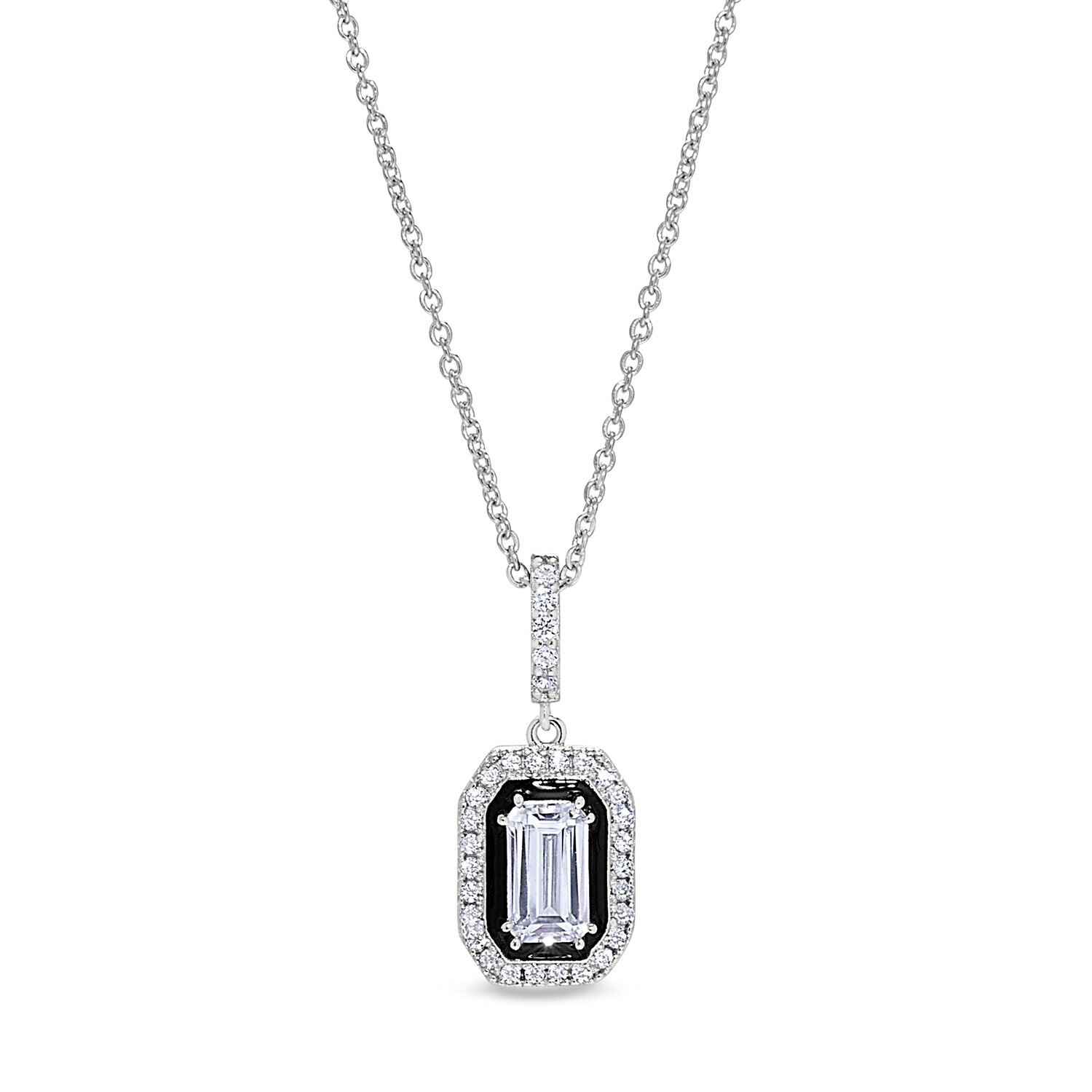 Silver Rectangle Simulated Diamond with Halo and Enamel Necklace
