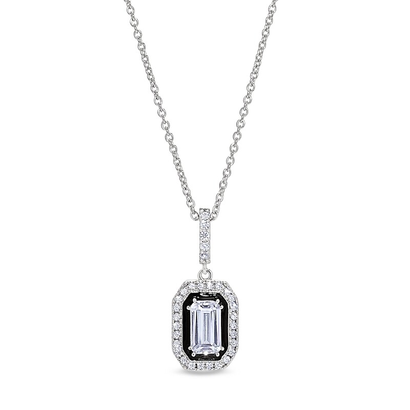 Silver Rectangle Simulated Diamond with Halo and Enamel Necklace