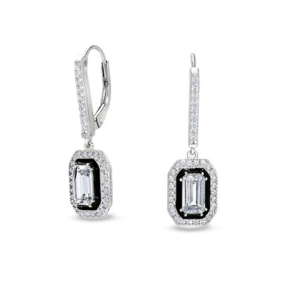 Silver Rectangle Simulated Diamond with Halo and Enamel Dangle Earrings