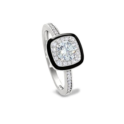 Silver Round Simulated Diamond with Halo and Enamel Ring