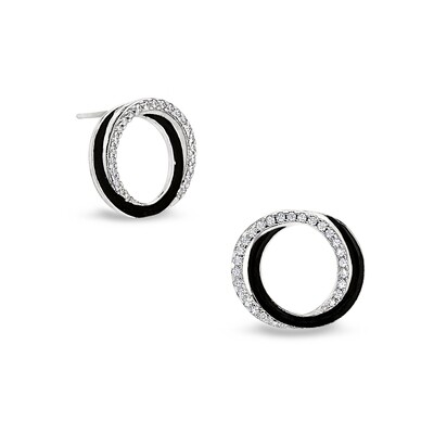 Silver Simulated Diamond and Enamel Interlock Dual Open Circle Earrings