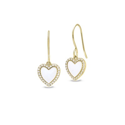 Yellow Gold-Plated White Enamel Heart Simulated Diamond Halo Dangle Earrings