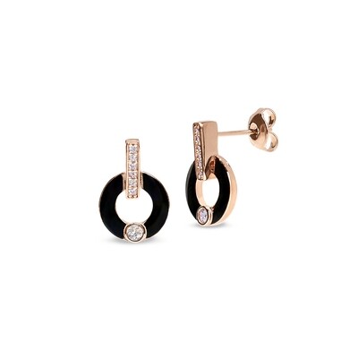 Rose Gold-Plated Black Enamel Circle with Simulated Diamond Accent Earrings