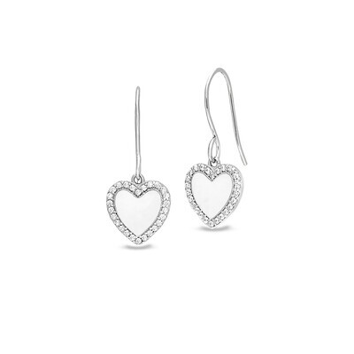 Silver White Enamel Heart Simulated Diamond Halo Dangle Earrings