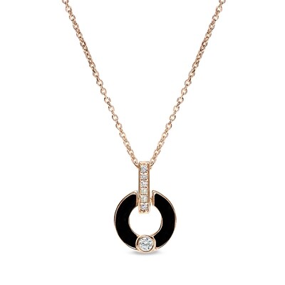 Rose Gold-Plated Black Enamel Circle with Simulated Diamond Accent Necklace