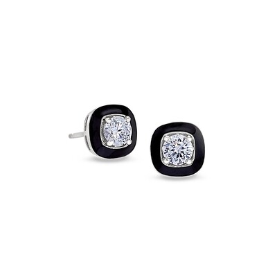 Silver Round Simulated Diamond Black Enamel Border Earrings