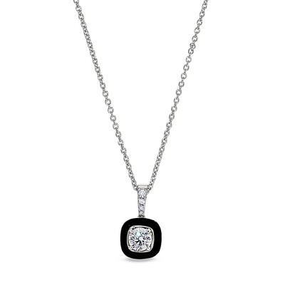 Silver Round Simulated Diamond Black Enamel Border Necklace