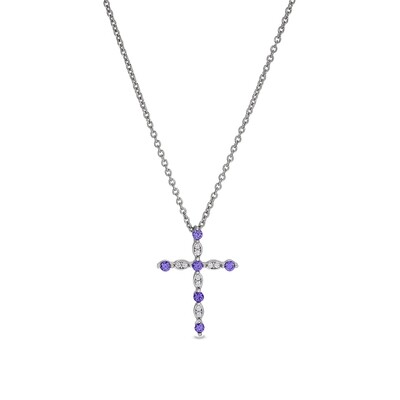 Silver Simulated Amethyst and Simulated Diamond Cross Necklace