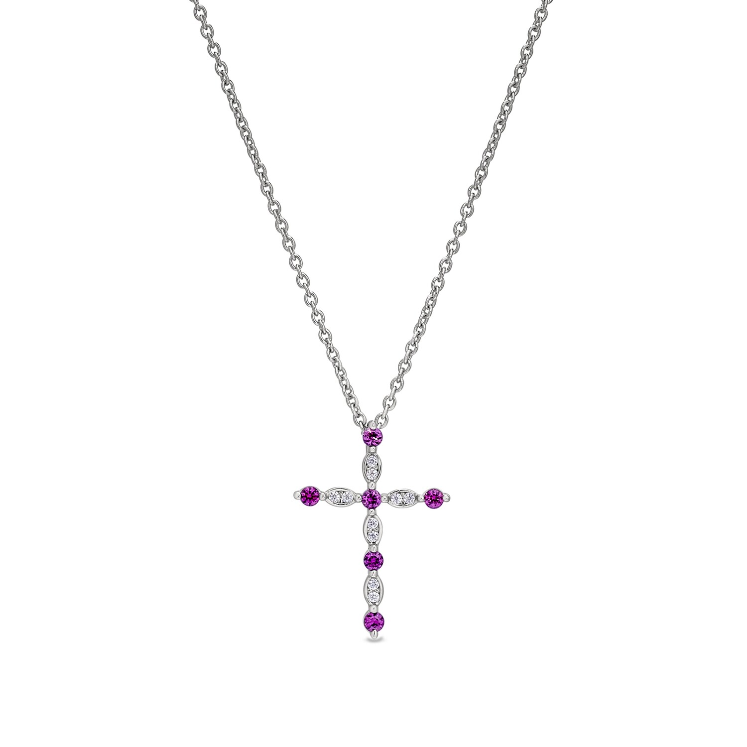 Silver Simulated Ruby and Simulated Diamond Cross Necklace