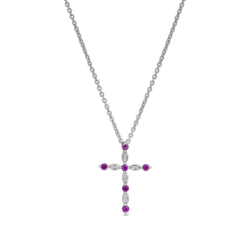 Silver Simulated Ruby and Simulated Diamond Cross Necklace