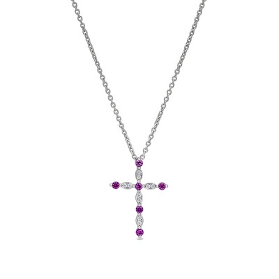 Silver Simulated Ruby and Simulated Diamond Cross Necklace