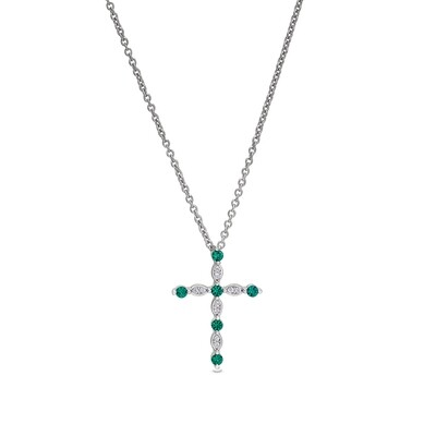 Silver Simulated Emerald and Simulated Diamond Cross Necklace