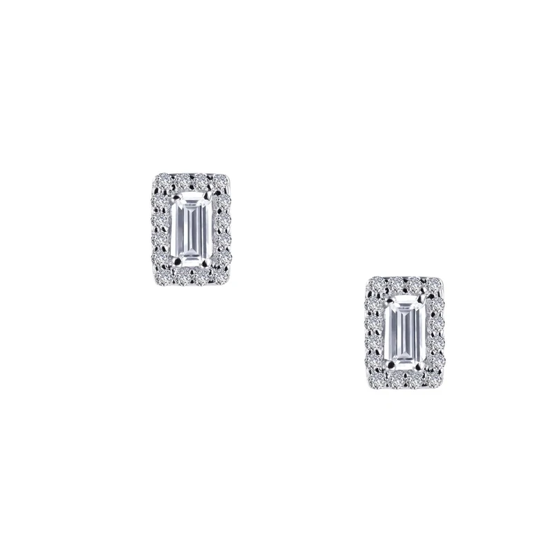 Silver Baguette Simulated Diamond with Halo Earrings