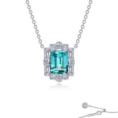 Silver Rectangle Lab Green Sapphire Simulated Diamond Halo Necklace