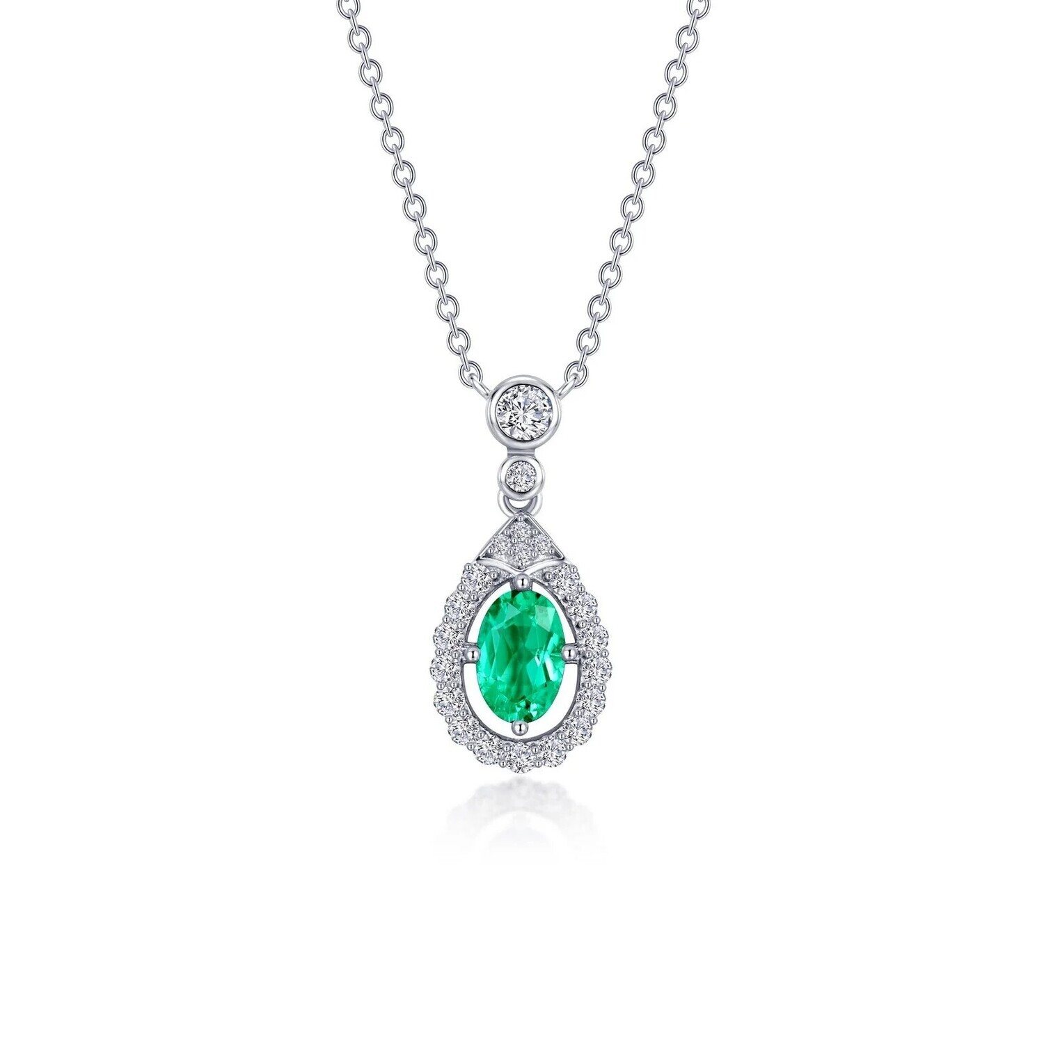 Silver Oval Simulated Emerald Simulated Diamond Halo Necklace