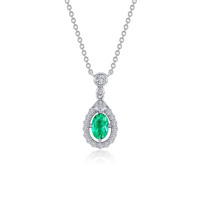 Silver Oval Simulated Emerald Simulated Diamond Halo Necklace