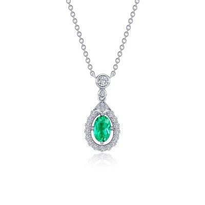 Silver Oval Simulated Emerald Simulated Diamond Halo Necklace