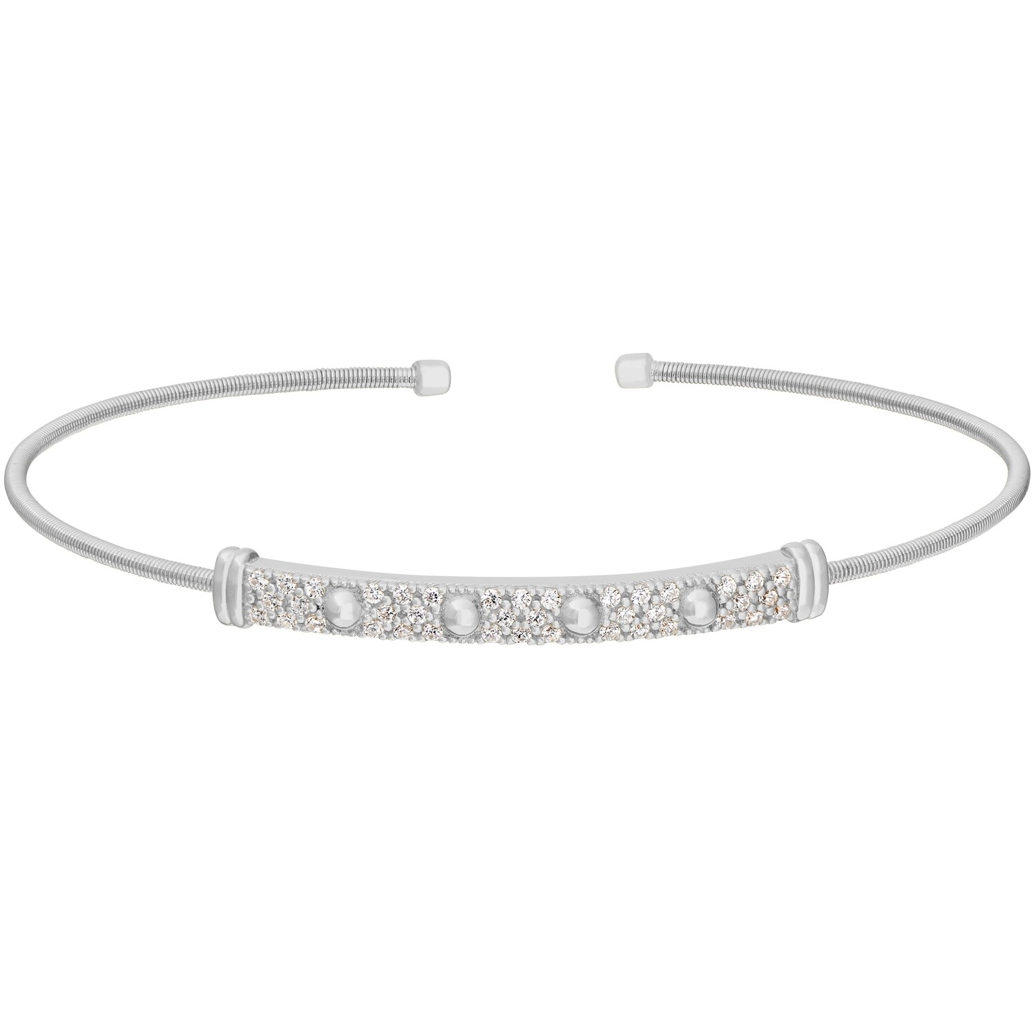 Silver Four Beads & Simulated Diamond Cuff Bracelet