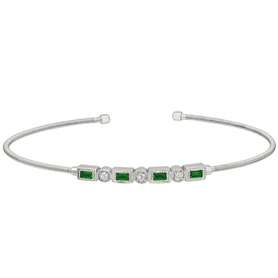 Silver Simulated Emerald and Simulated Diamond Vintage Cuff Bracelet