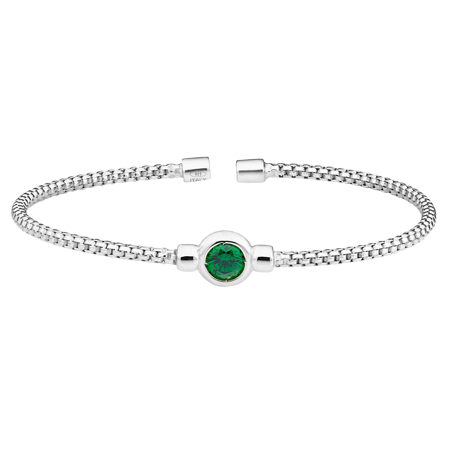 Silver Bezel Set Simulated Emerald Rounded Box Link Cuff Bracelet