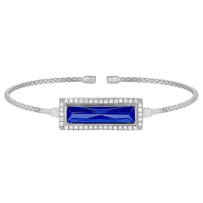 Silver Rectangle Simulated Sapphire Simulated Diamond Halo Cuff Bracelet