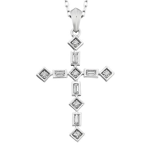 10KT White Gold Round and Baguette Diamond Cross Necklace
