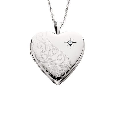 Silver Etched Heart Diamond Accent Locket Necklace