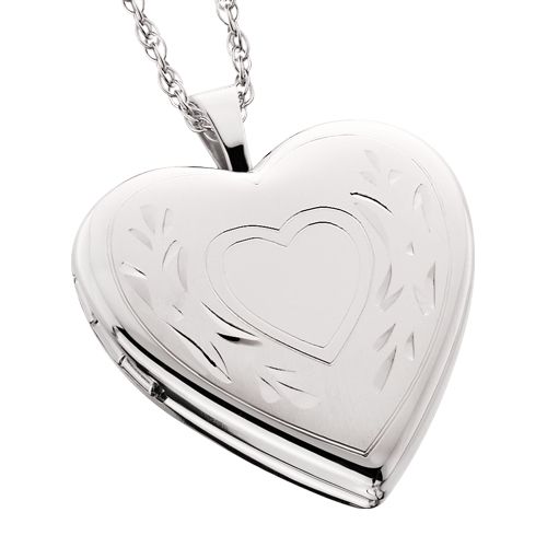 Silver Etched Heart Locket Necklace