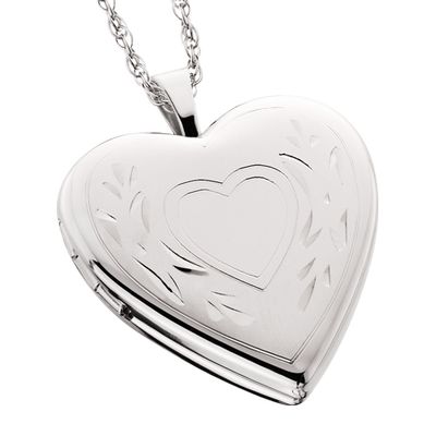 Silver Etched Heart Locket Necklace