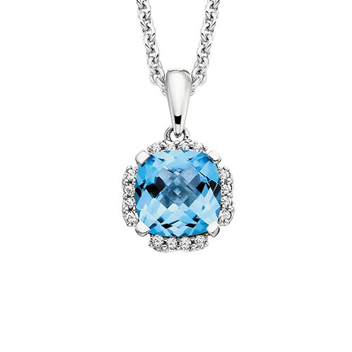 Silver Cushion Blue Topaz with Cubic Zirconium Halo Necklace