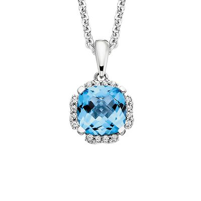Silver Cushion Blue Topaz with Cubic Zirconium Halo Stud Necklace