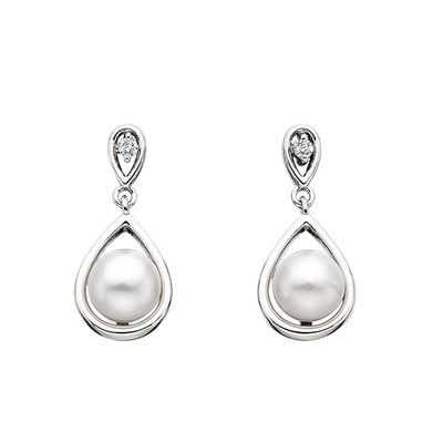 Silver Pearl Teardrop Diamond Accent Earrings