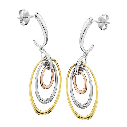 Silver TriTone Triple Oval Diamond Accent Earrings