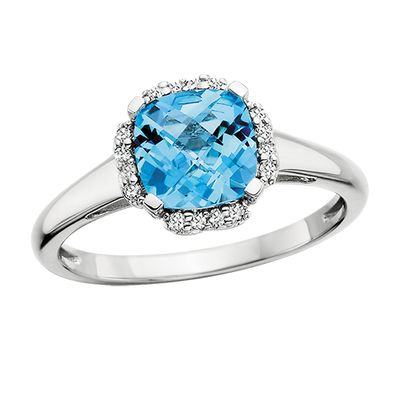 Silver Cushion Blue Topaz with Cubic Zirconium Halo Ring
