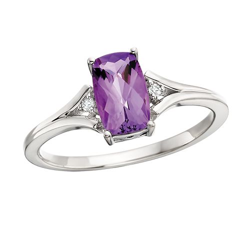 Silver Checkered Cushion Amethyst Diamond Accent Ring