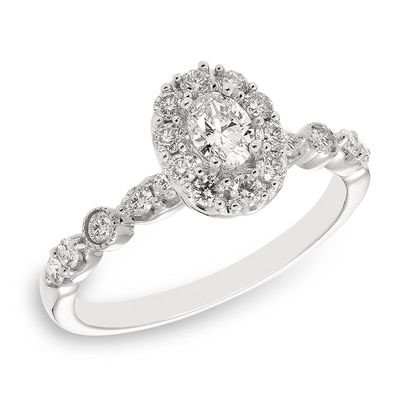 14KT White Gold Oval Diamond Halo Vintage Engagement Ring