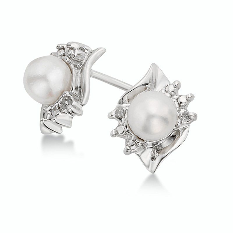 10KT White Gold Cultured Pearl Diamond Accent Stud Earrings