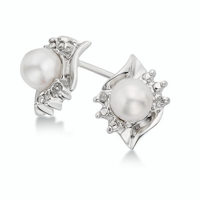 10KT White Gold Cultured Pearl Diamond Accent Stud Earrings