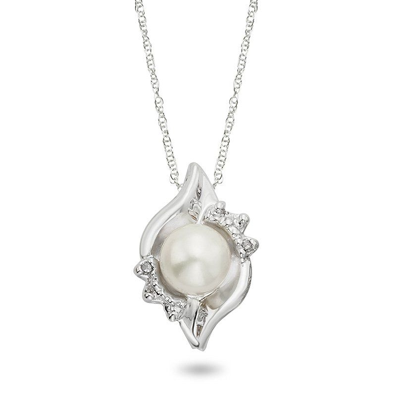 10KT White Gold Cultured Pearl Diamond Accent Necklace
