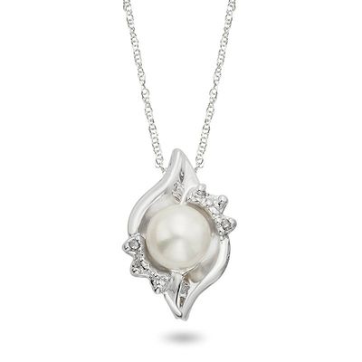 10KT White Gold Cultured Pearl Diamond Accent Necklace