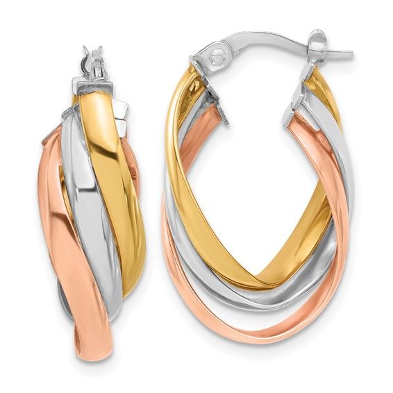14KT Gold TriColor Oval Twist Hoop Earrings