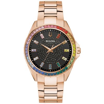 Bulova Phantom Rose Tone Black Dial Rainbow Crystal Watch