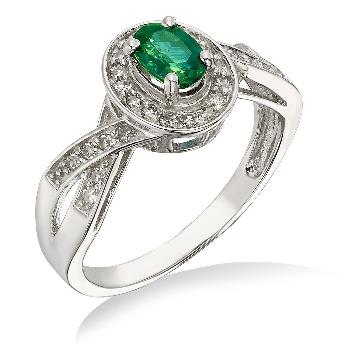 10KT White Gold Oval Emerald Diamond Halo Ring