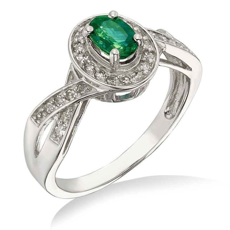 10KT White Gold Oval Emerald Diamond Halo Ring