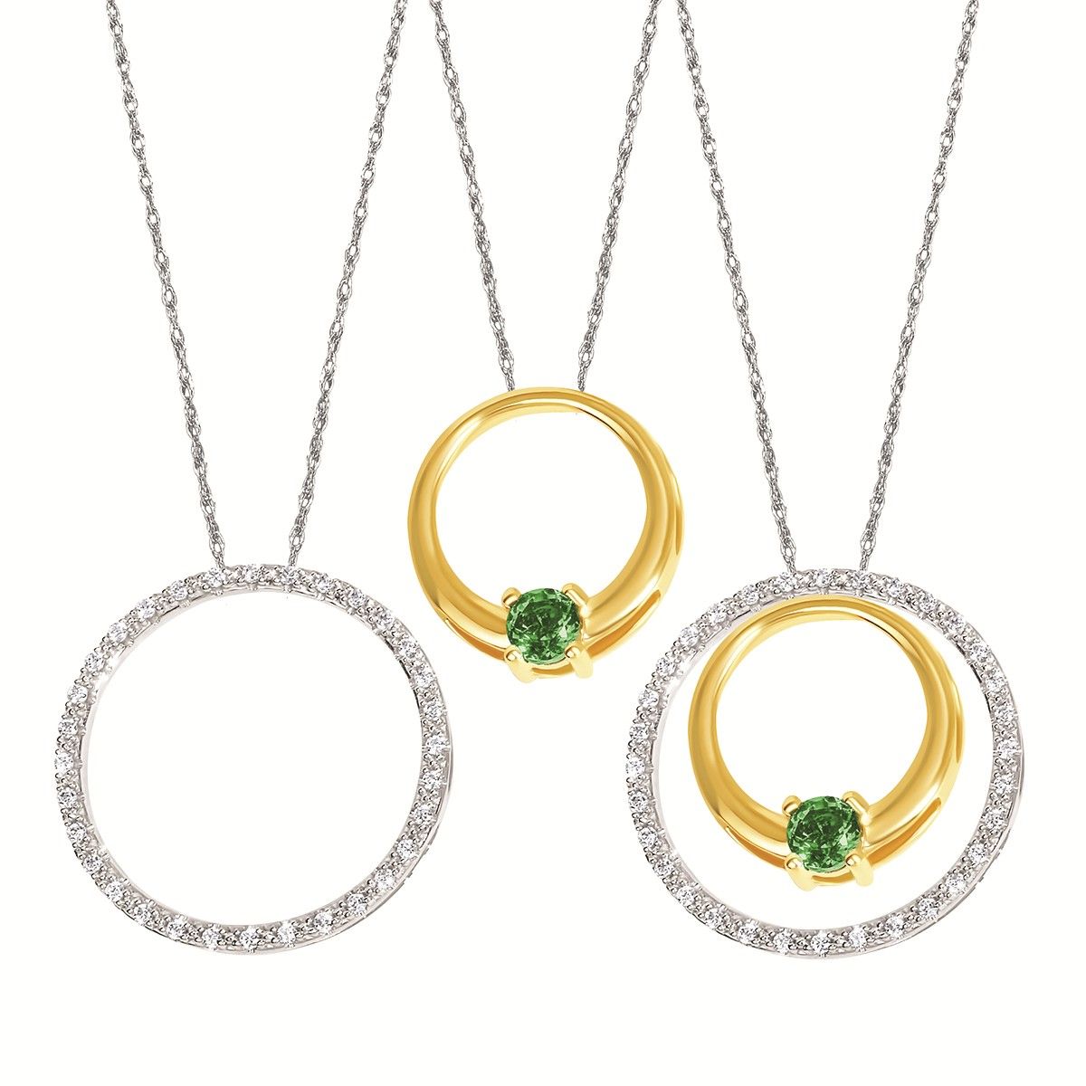 10KT White and Yellow Gold Round Emerald Circle Pendant with Diamond Circle Enhancer Necklace